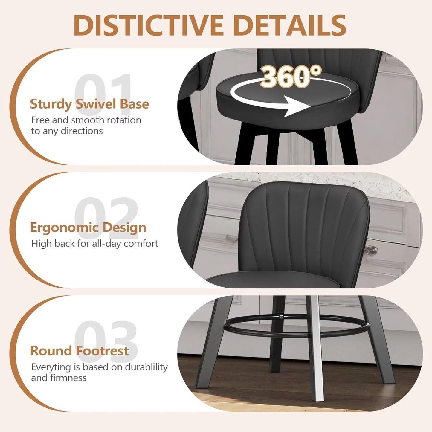 Bar Stools Set of 2, PU Leather Barstools, 26 Inch Upholstered Counter Stools with Backrest and Footrest, Swivel Counter Height Barstools for Kitchen Island Home Bar Dark Gray