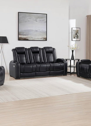 Black Leather Power Recliner Sofa with Arm Storage, Power Headrest, and Wireless Charging - Luxurious Living Room Couch with Cup Holders, Breathable Material, LED Lighting, Hidden Outlet, USB, and Type-C Ports