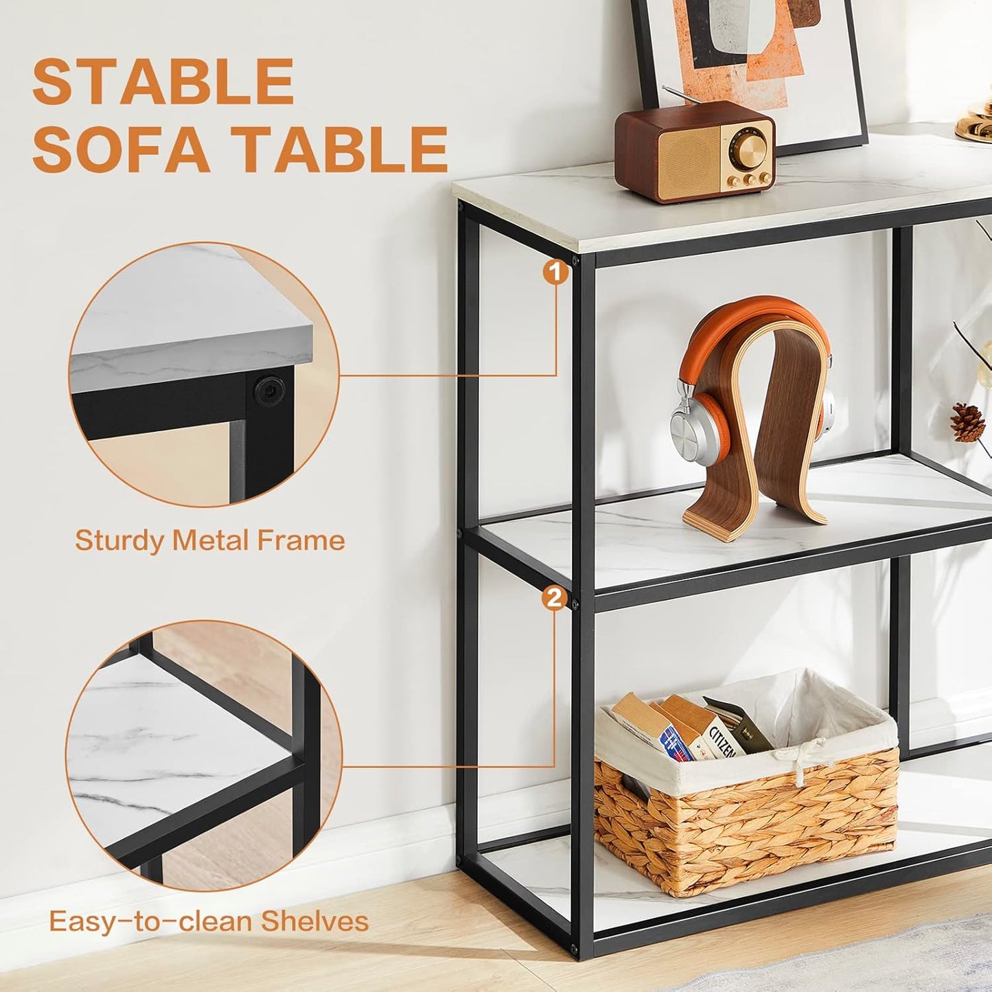 Console Table, 12 Inch Narrow Entryway Table for Living Room, 31.5 Inch Modern Industrial Sofa Table with 3-Tier Storage Shelves for Corridor, Hallway, White Marble