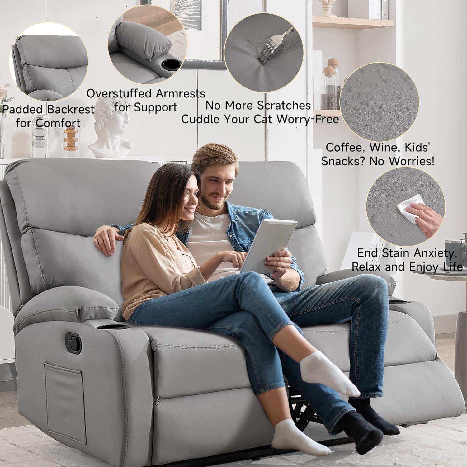 Reclining Loveseat Double Recliner Couch, Anti-Scratch RV 2 Seater Wall Hugger Recliner Chair Set for Living Room, RV, Home Theater(Loveseat, Gray)