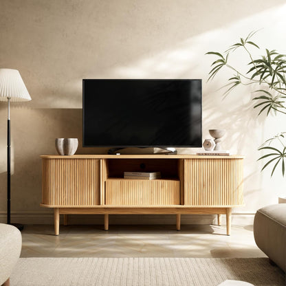 Modern TV Stand for 45/55/70 Inch TV, Entertainment Center with Sliding Doors and Storage, Wood TV Stand for Bedroom, Living Room, Natural