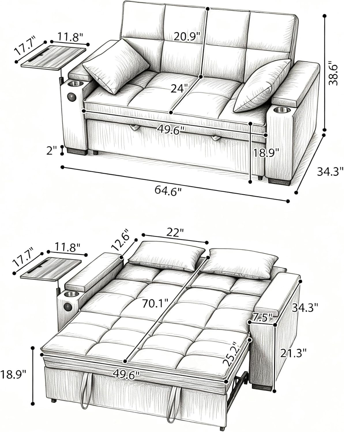 Convertible Sleeper Sofa Bed with 360° Swivel Table & USB Ports, Tufted Chenille Loveseat Pull-Out Couch with Storage Armrest & Cup Holders, 6-Level Adjustable Backrest