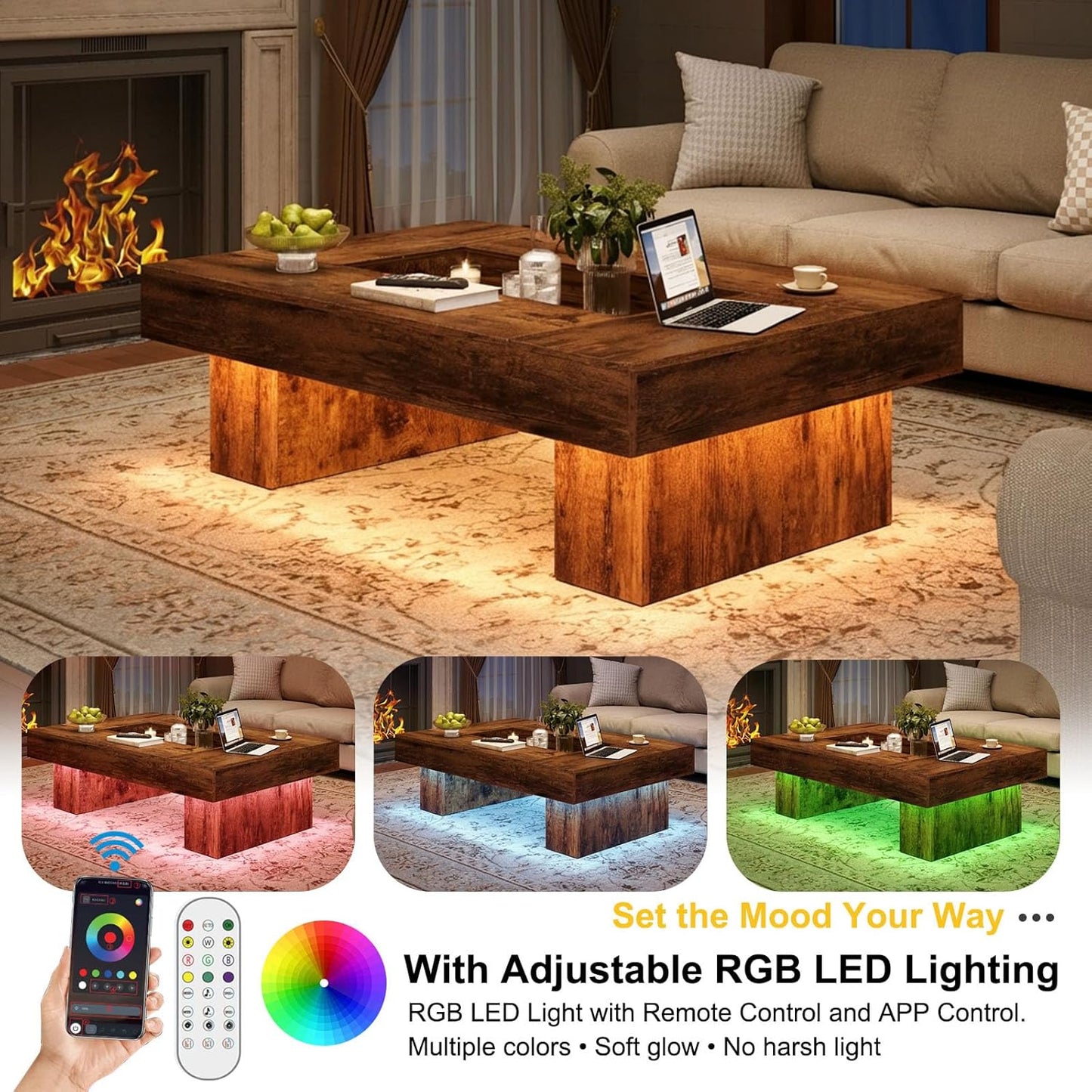 Rustic Coffee Table, Large Wood Living Room Table with Storage, Modern Long Rectangle Led Center Table, Farmhouse Unique Low Wide Tea Table with LED Light for Home Office, 47.24 In, Rustic Brown