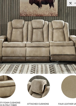Signature Design by Ashley Next-Gen Durapella Power Reclining Sofa with Wireless & USB Charging, Zero-Gravity Feature, Adjustable Headrest, Water-Repellent Faux Leather, Drop-Down Table in Beige/Brown, 86 Inches