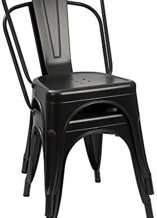 Stackable Metal Dining Chairs for Indoor and Outdoor Use - Set of 4 Classic Trattoria Bistro Cafe Chairs in Black