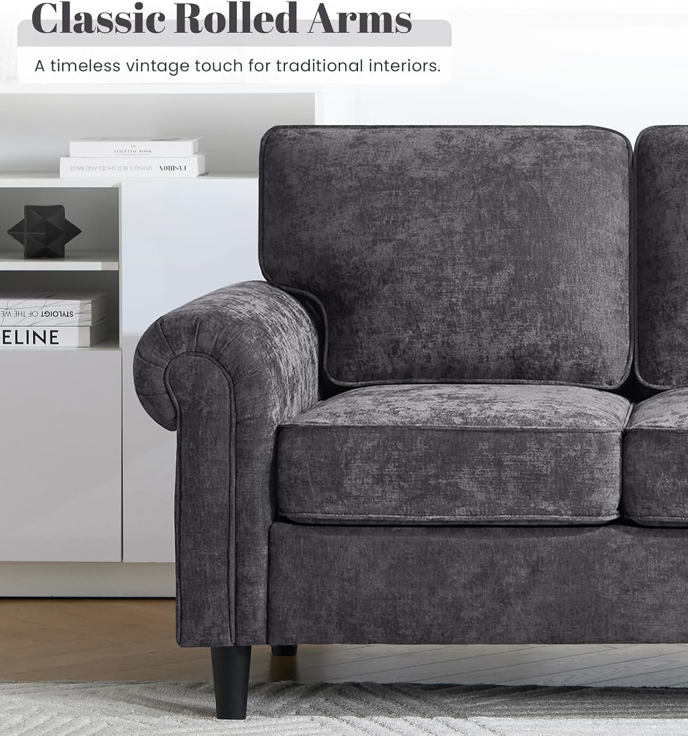 3 Seater Couch, Mid Century Modern Sofa with Rolled Arms and Deep Seats, Fluffy Comfort for Living Room, Apartment, Easy Assembly, Gray