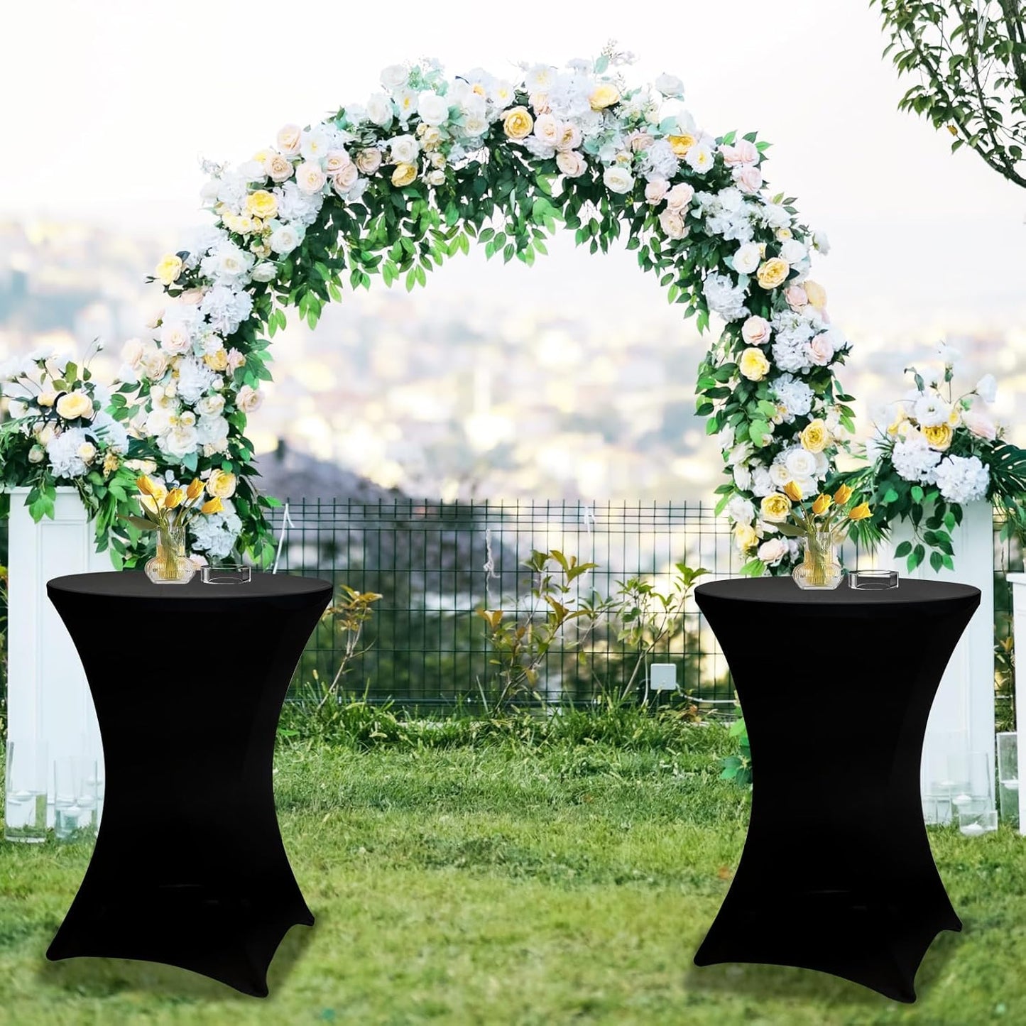 2Sets 32In Hightop Folding Cocktail Tables+Covers-Spandex Stretch Folding Tall Bar Table Covers, Detachable Legs Bar Height Folding Table Outdoor Indoor Use (Black/2 Tables+2 Covers)