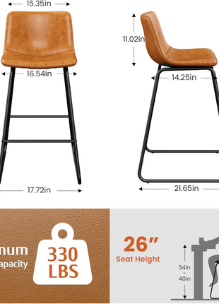Set of 4 Contemporary PU Leather Counter Height Bar Stools, 26" Armless Dining Chairs with Metal Legs and Footrest in Brown