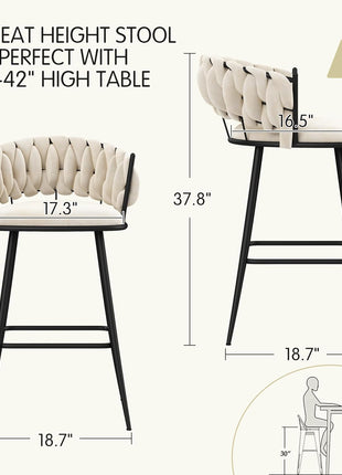 Set of 4 Contemporary 30-Inch Upholstered Bar Stools with Woven Backrest and Footrest for Kitchen and Dining Areas (Ivy)