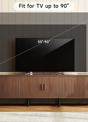 86.6" Contemporary TV Stand with Power Outlet for TVs up to 90 Inches, Entertainment Center with Storage and Adjustable Shelves, Walnut Finish and Sliding Doors for Living Room