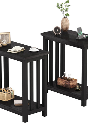 Set of 2 Black Narrow End Tables with Storage Shelf for Compact Spaces