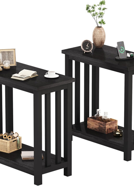 Set of 2 Black Narrow End Tables with Storage Shelf for Compact Spaces