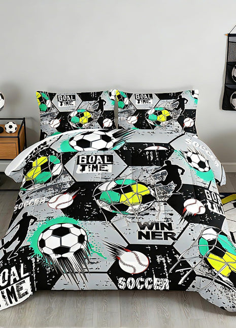 Twin Size Soccer Bedding Comforter Set with Football and Baseball Print, Sports-Themed Room Decor for Teen Boys, Gray and Black Hexagonal Pattern with Two Pillowcases.