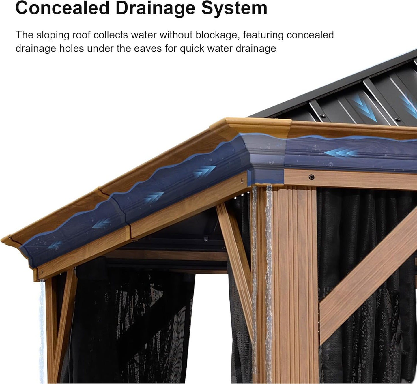 10' X 12' Outdoor Hardtop Gazebo for Patio Galvanized Steel Double Roof Permanent Canopy Teak Finish Coated Aluminum Frame Pavilion Gazebo with Netting