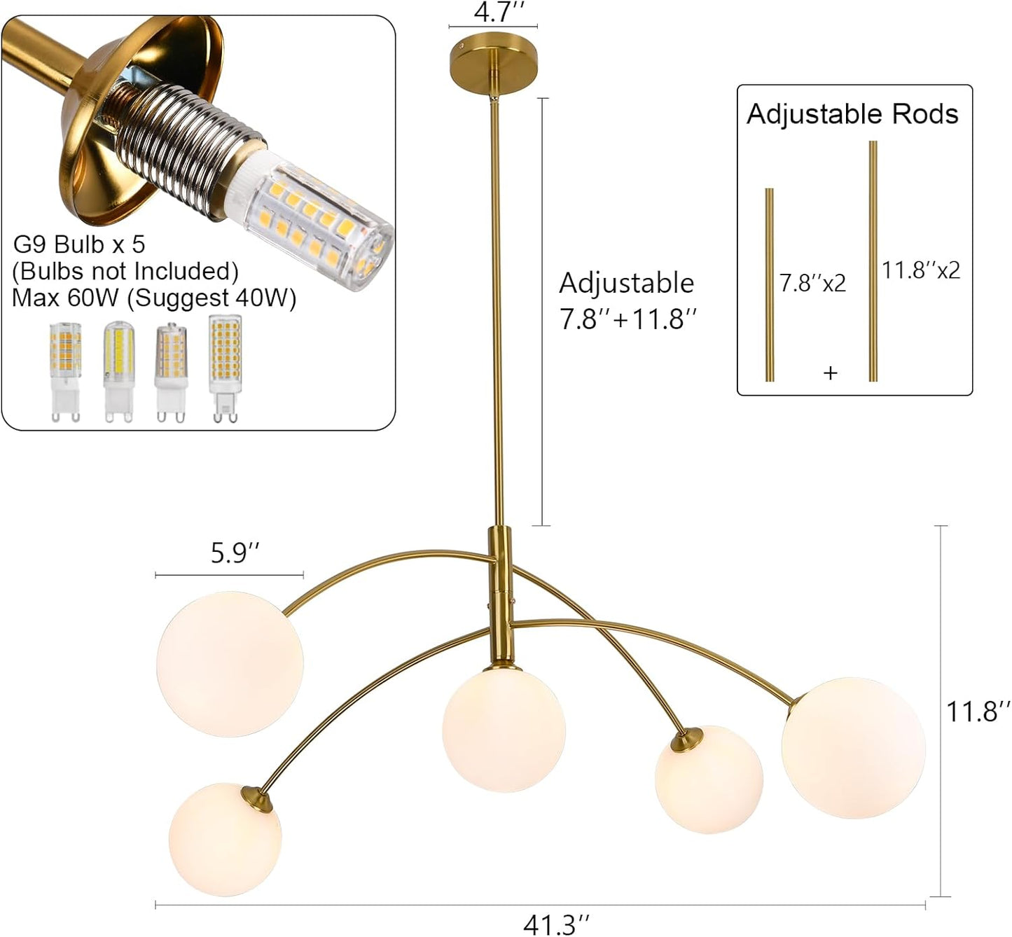 Gold Modern Chandelier 5-Light Glass Globe Ceiling Light Fixtures Mid Century Modern Sputnik Chandelier for Dining Room Kitchen Island Bedroom Living Room 41.3IN Diameter