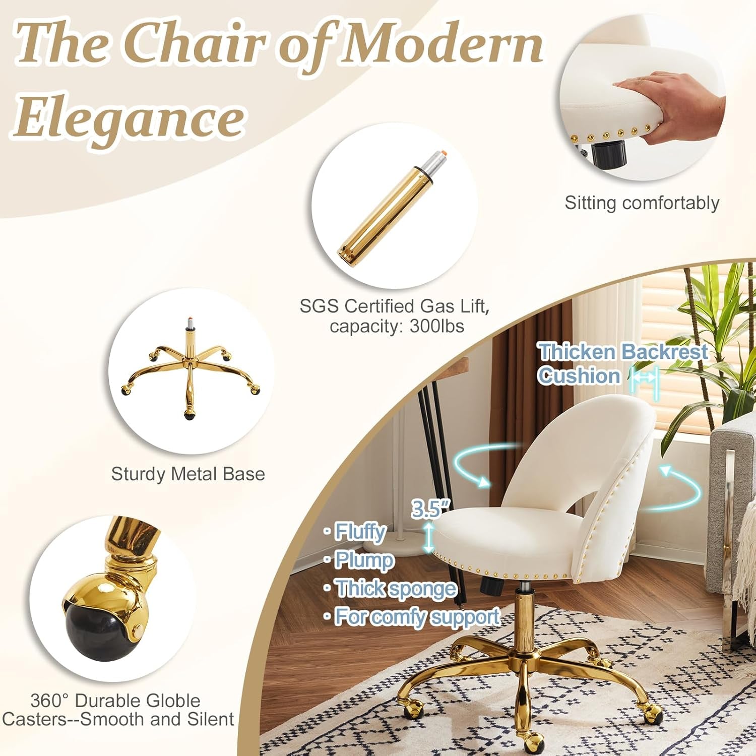 Modern Velvet Small Office Chair,Cute Desk Chair with Wheels,Gold Base/Studs, Comfy Armless Swivel Vanity Task Chair for Women/Girl/Kids, Nail Tech Chair for Bedroom,Small Space,White