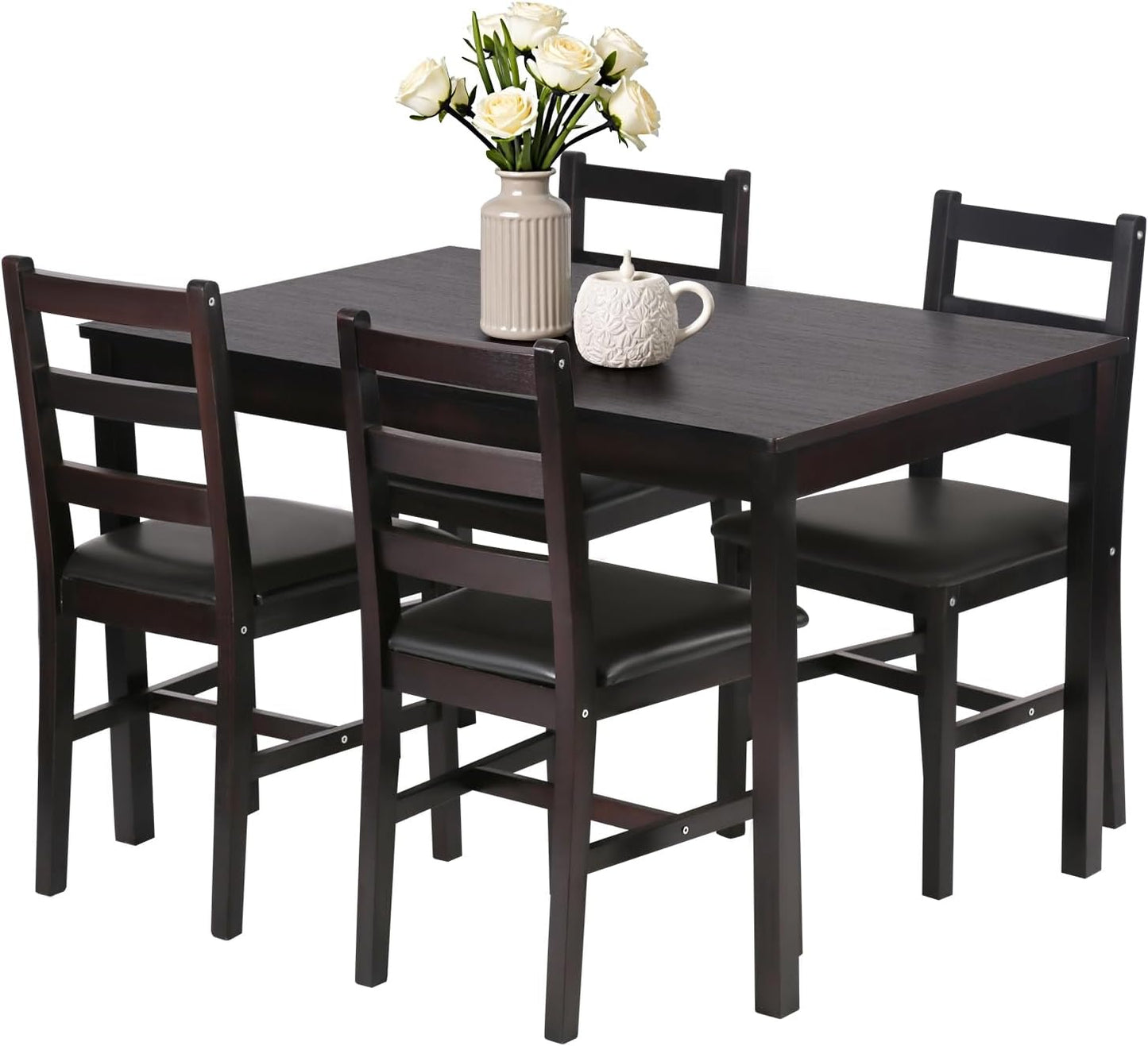 | 5-Piece Solid Wood Dining Table Set for 4 | Brown | Space-Saving Design | Smooth Easy-To-Clean Surface | Pine Kitchen Table with Upholstered Chairs | for Dining Room, Apartment, Restaurant