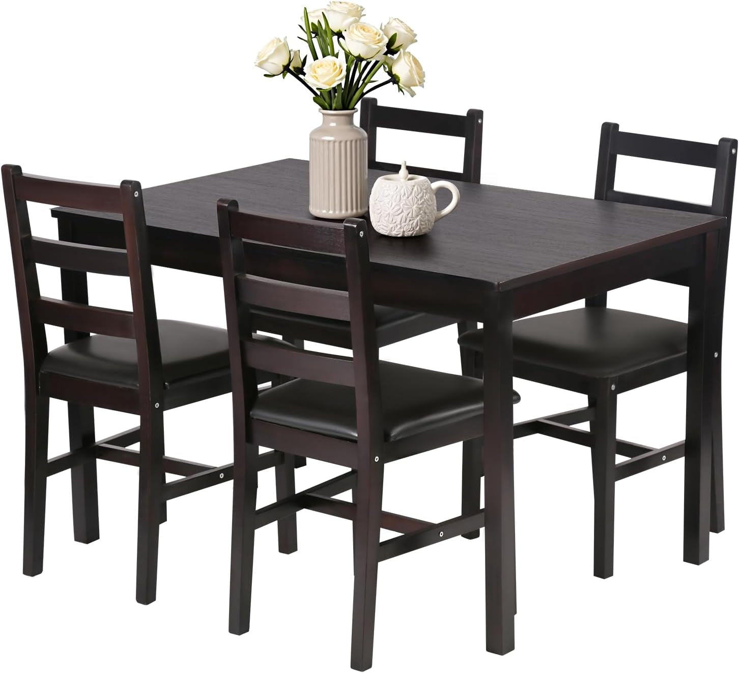 | 5-Piece Solid Wood Dining Table Set for 4 | Brown | Space-Saving Design | Smooth Easy-To-Clean Surface | Pine Kitchen Table with Upholstered Chairs | for Dining Room, Apartment, Restaurant