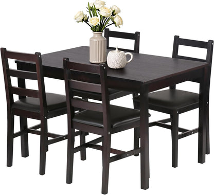 | 5-Piece Solid Wood Dining Table Set for 4 | Brown | Space-Saving Design | Smooth Easy-To-Clean Surface | Pine Kitchen Table with Upholstered Chairs | for Dining Room, Apartment, Restaurant