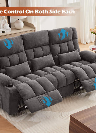 Oversized 3-Seat Manual Recliner Sofa with Cup Holders and Ergonomic Design for Living Room, Featuring Side Pocket for Adults