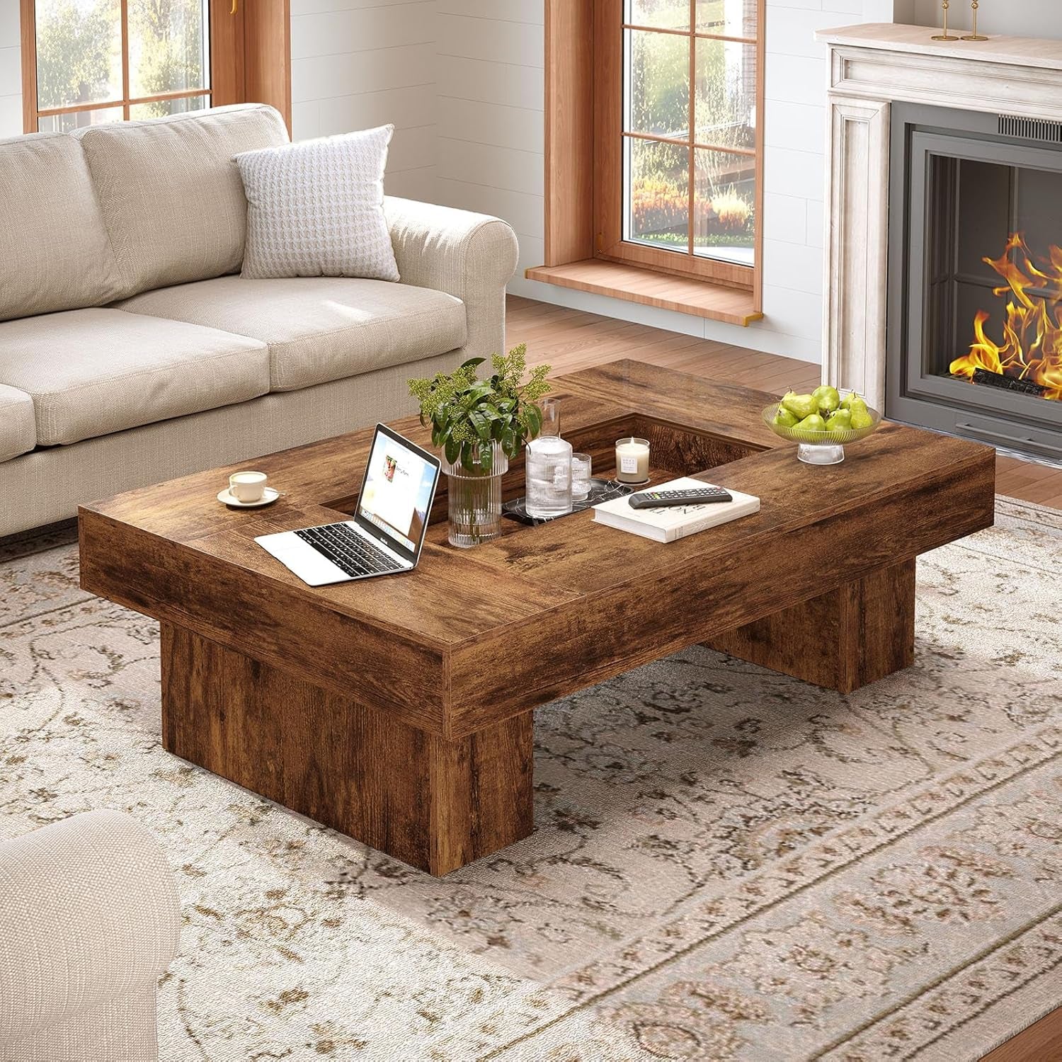 Rustic Coffee Table, Large Wood Living Room Table with Storage, Modern Long Rectangle Led Center Table, Farmhouse Unique Low Wide Tea Table with LED Light for Home Office, 47.24 In, Rustic Brown