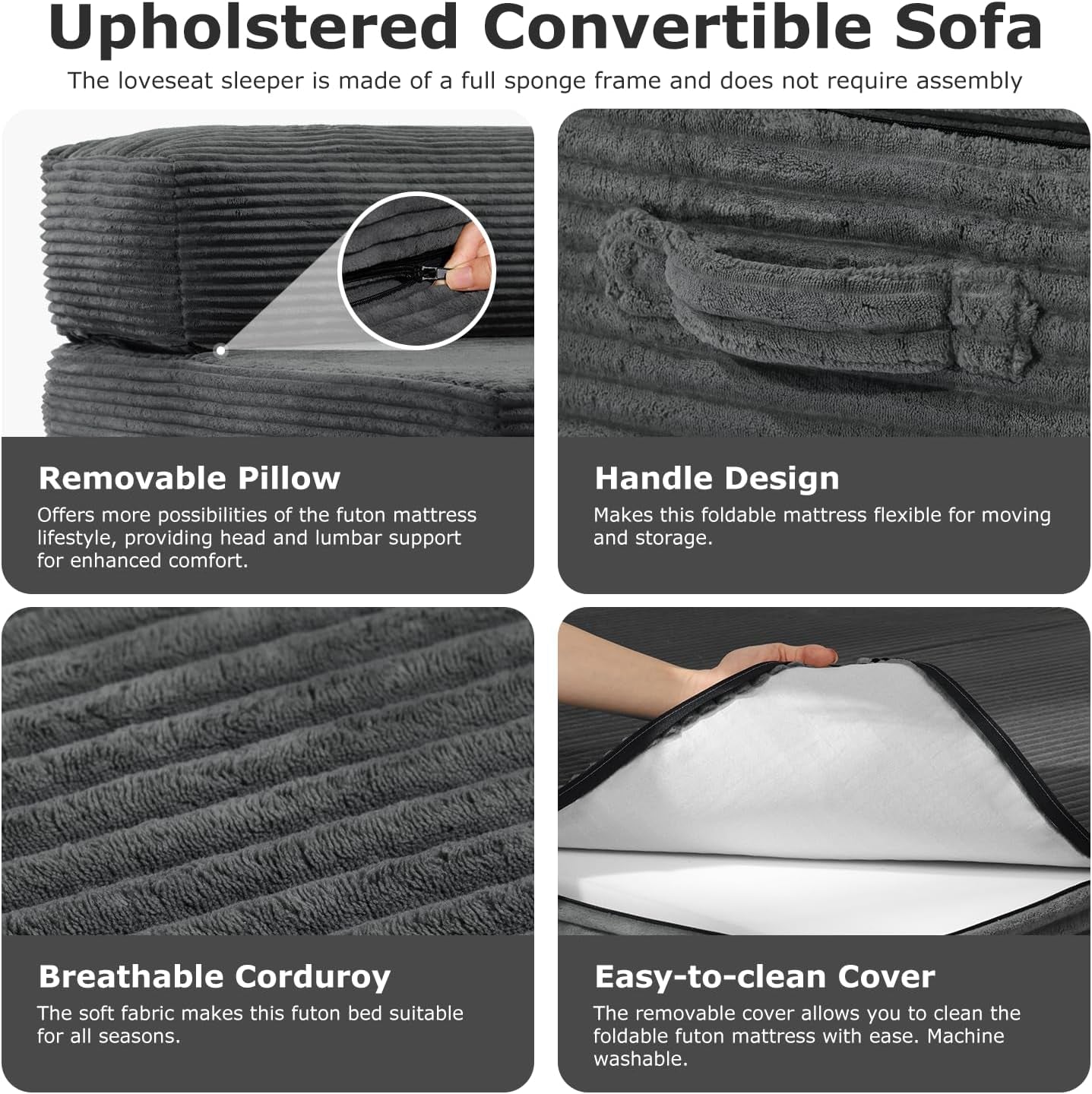 Folding Sofa Bed, Convertible Sleeper Chair Foldable Mattress with Back Support, Comfy Floor Couch Sofa Lounge for Living Room Bedroom, Grey, Single