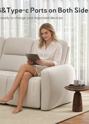 3-Seater Reclining Sofa and Loveseat Set with USB and Type-C Charging Ports, Overstuffed Fabric Design for Living Room, Home Theater, and RV (Beige)