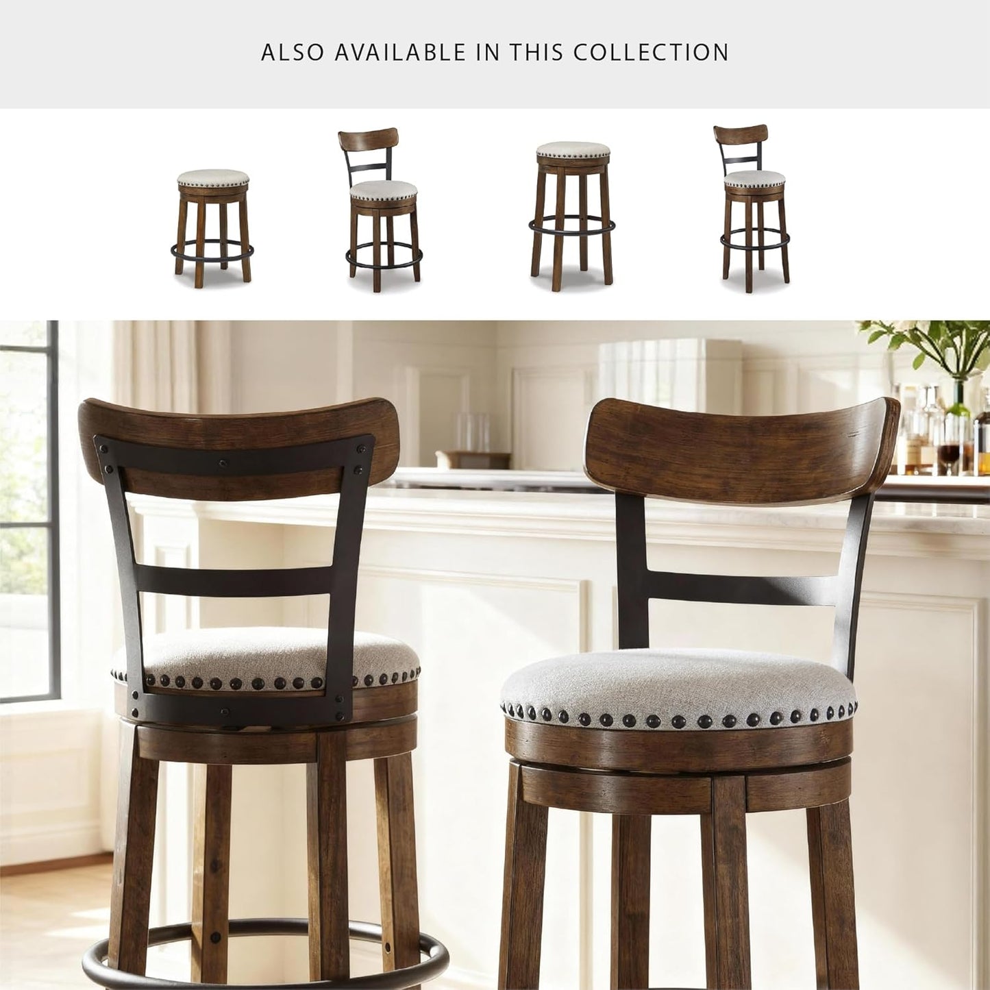 Valebeck | 30″ Farmhouse Pub-Height Swivel Barstool with Back – Upholstered Cushion, Nailhead Trim, Metal & Wood Frame, Brown