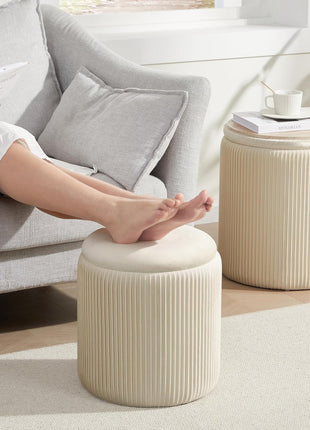 Set of 2 Beige Velvet Round Ottomans with Storage – Elegant Vanity Stools for Bedroom and Living Room
