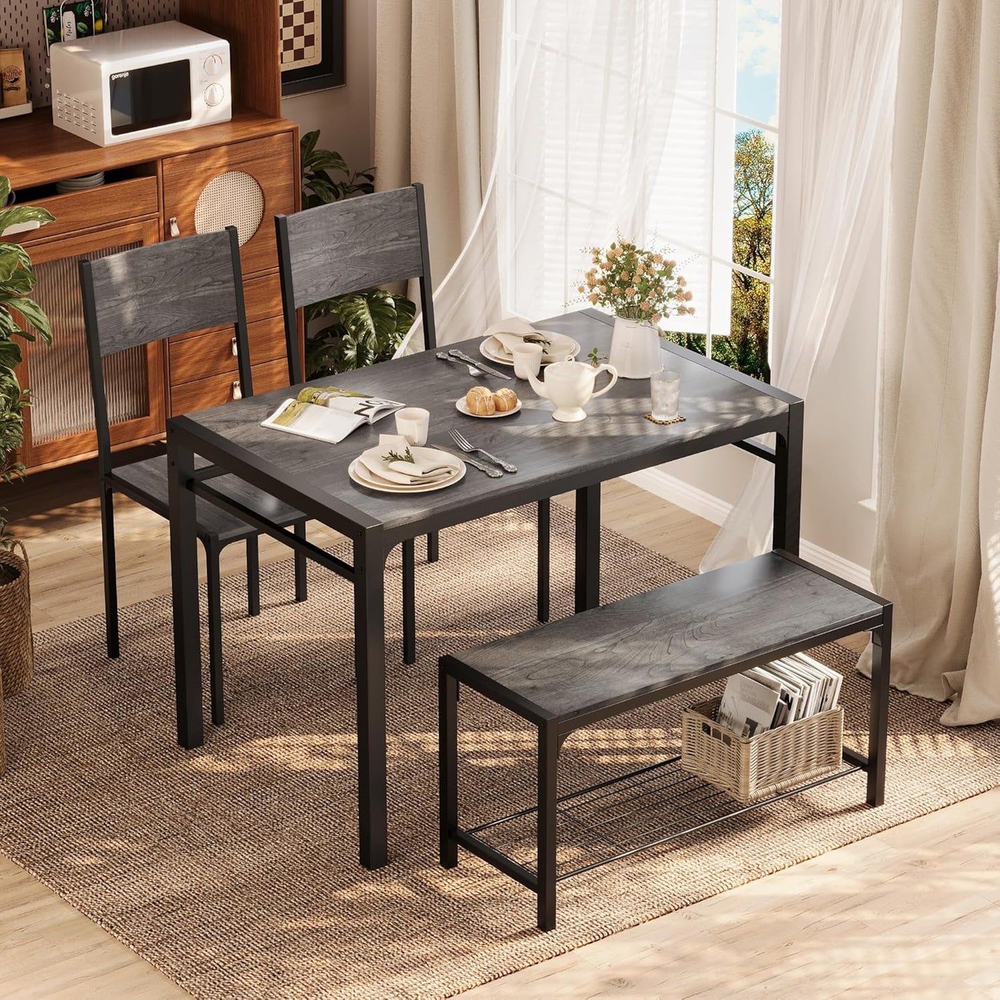 Kitchen Table and 2 Chairs for 4 with Bench, 4 Piece Dining Sets for Small Space, Dark Grey