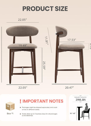 Set of 2 Upholstered Counter Height Bar Stools, 25.6″ Modern Design with Wooden Legs for Kitchen Island and Dining Room, Camel