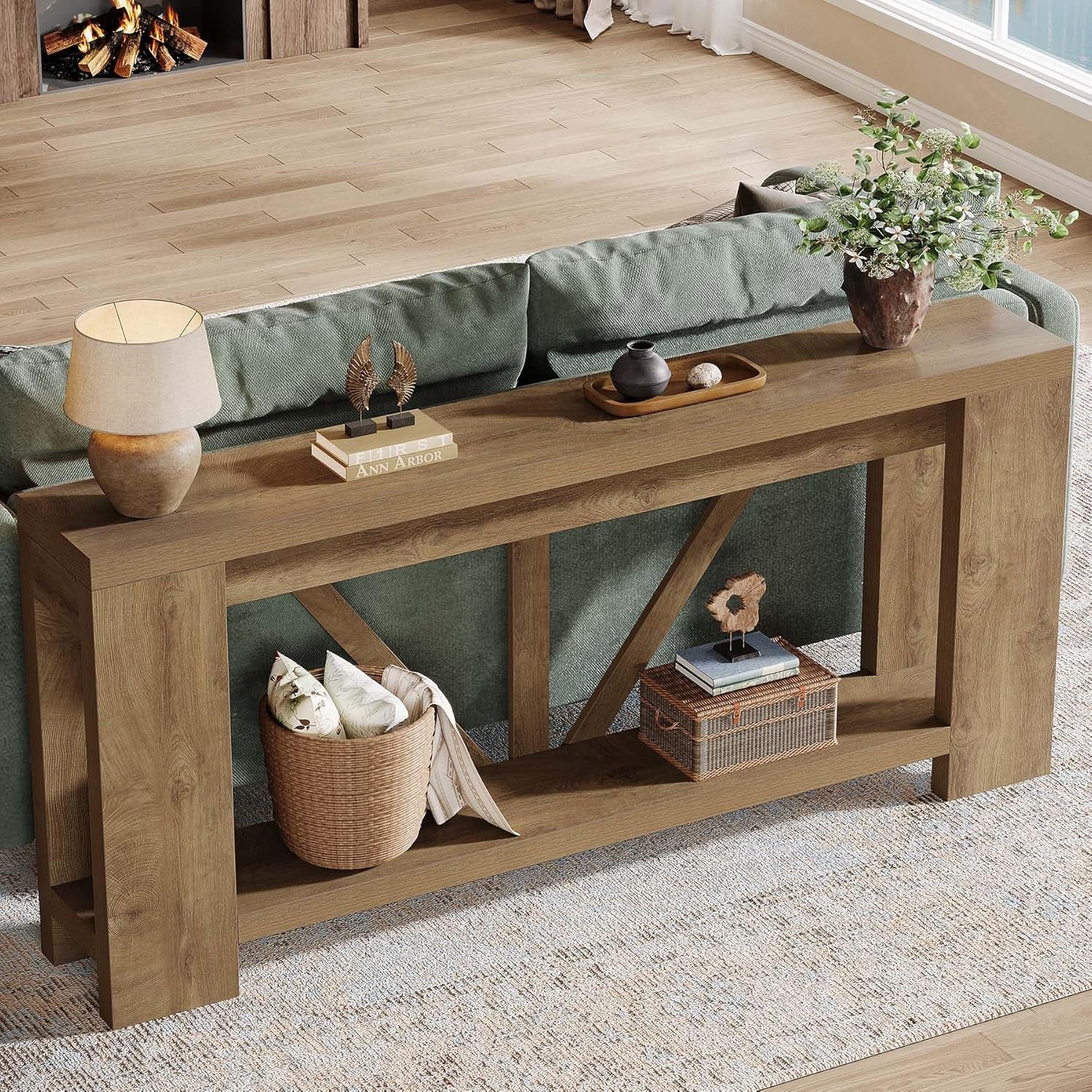 70.9" Extra Long Entryway Table, Farmhouse Wood Console Tables with Storage Shelf, Modern Rustic Sofa Foyer Tables for Entryway, behind Couch, Living Room, Entrance, Brown