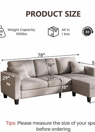 L-Shaped Sectional Sofa with Movable Ottoman, 78'' Brown 3-Seat Linen Couch, Ideal for Small Spaces, Apartments, and Dorms
