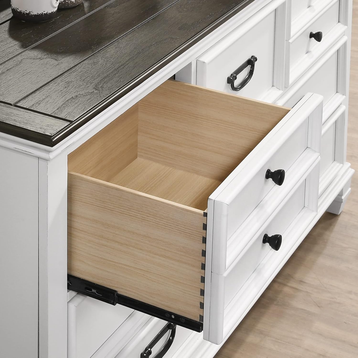 Clelane Wood Bedroom Set with Shiplap Panel King Bed, Dresser, Mirror, Two Nightstands, and Chest in Weathered White and Dark Gray