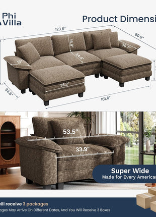 Cloud Modular Couch Sets: 123.6" U-Shaped Sectional Sofa with 5-Seater Capacity and 2 Movable Ottomans, Chenille Fabric in Taupe for Living Room