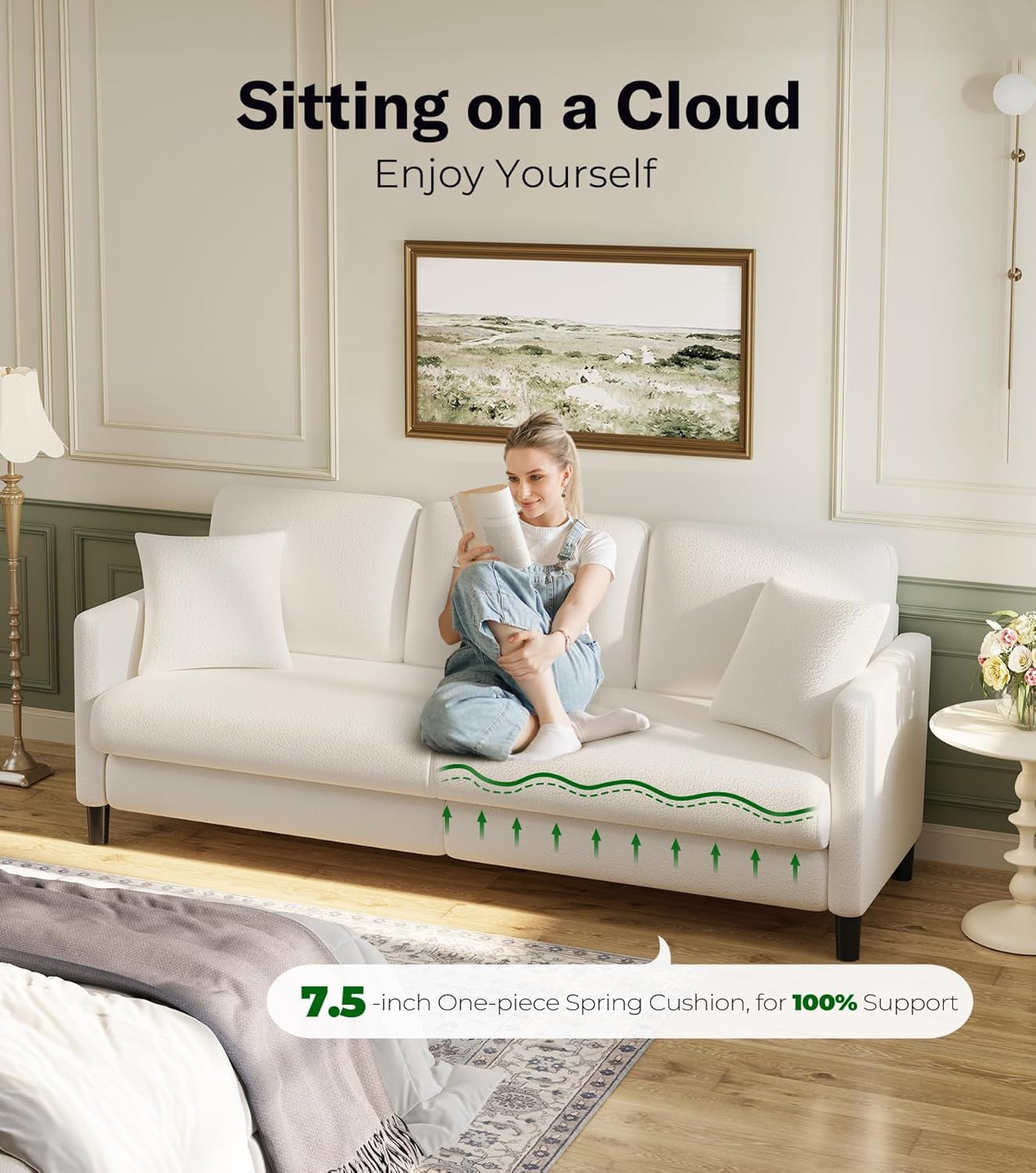 83" Couches for Living Room, Comfy Sofas for Living Room, Teddy Sofa Couch, Tool-Free Setup Loveseat Sofa, All-Wood Love Seat Couches, Small Couch 2 Pillows Included, Beige