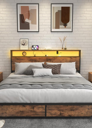 Queen Metal Platform Bed Frame with 2-Tier Storage Headboard, 4 Drawers, Built-in Charging Station, LED Lighting, and Noise-Free Support in Vintage Brown Finish