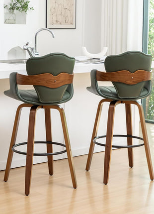 Set of 2 Mid-Century Modern 30-Inch Swivel Bar Stools with Arms, Green Faux Leather Upholstery and Walnut Wood Frame, Fishtail Back Design