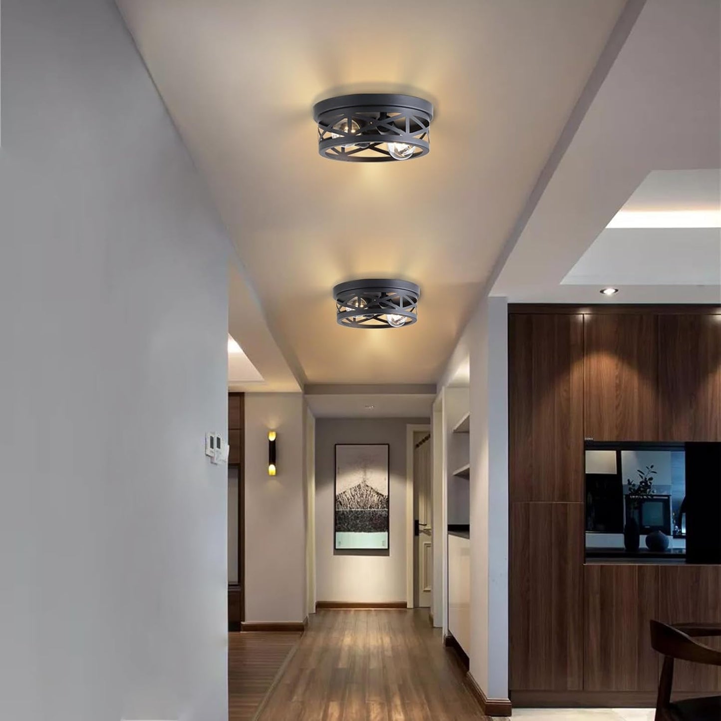 2 Pack Black Farmhouse Flush Mount Ceiling Light,2-Light Rustic Hallway Light Fixtures,Industrial Lighting Fixtures Ceiling Mount for Kitchen Hall Entry Bedroom Closet