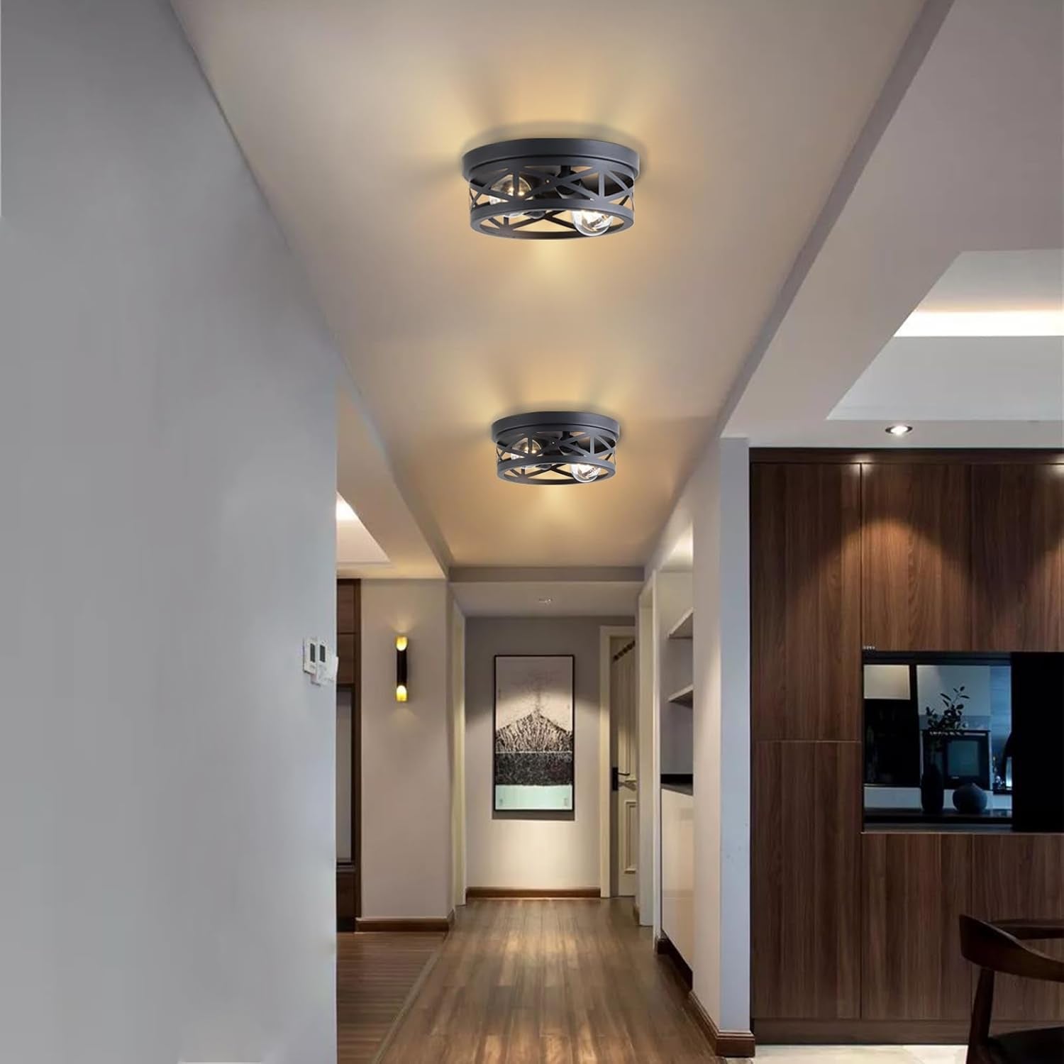 2 Pack Black Farmhouse Flush Mount Ceiling Light,2-Light Rustic Hallway Light Fixtures,Industrial Lighting Fixtures Ceiling Mount for Kitchen Hall Entry Bedroom Closet