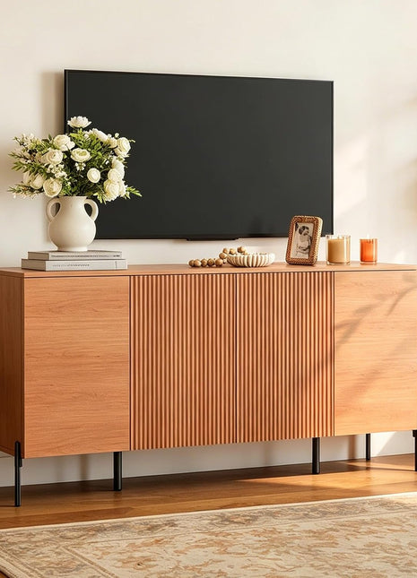 61.6-Inch Fluted TV Stand for TVs up to 70 Inches, Contemporary Entertainment Center Console with Four Doors and Metal Base, Mocha Finish for Living Room and Bedroom
