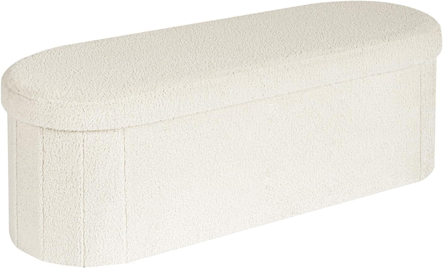 Ottoman with Storage for Living Room, Sherpa Folding Storage Ottoman Foot Rest, 43.3 Inches Collapsible Bedroom Bench White