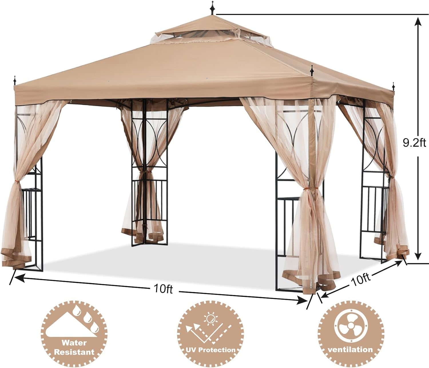 Patio Outdoor Gazebo 10X10 - Gazebo Canopy with Netting and Corner Frame Screen Wall for Backyard,Garden Lawn (Khaki)