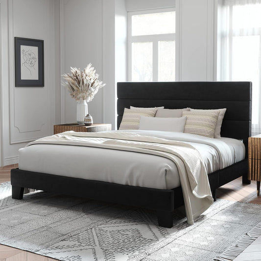 King Size Platform Bed Frame with Velvet Upholstered Headboard and Wooden Slats Support, Fully Upholstered Mattress Foundation/No Box Spring Needed/Easy Assembly, Black