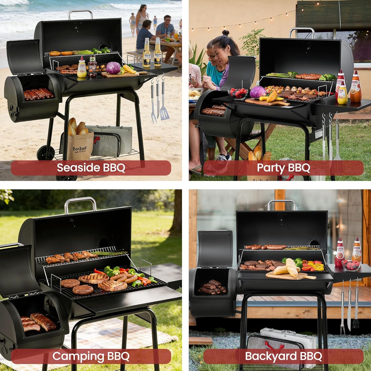 CC1830S BBQ Charcoal Grill and Offset Smoker | 823 Square Inch Cooking Surface, Outdoor for Camping | Black
