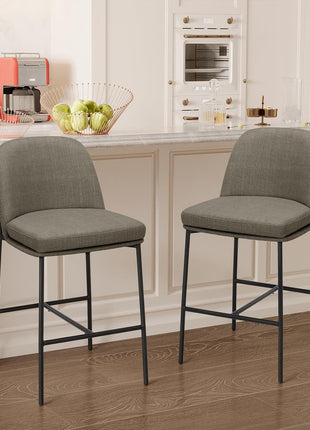 Set of 2 Contemporary 25-Inch Upholstered Counter Height Bar Stools with Back and Metal Legs for Kitchen Island and Dining Room, Brown