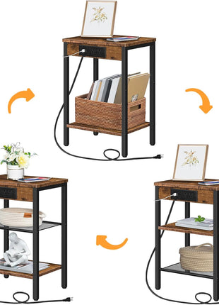 Rustic Brown Side Table with Integrated Charging Station and USB Port, Compact 3-Tier Nightstand with Adjustable Shelf for Living Room, Bedroom, and Balcony, Model BF112BZ01