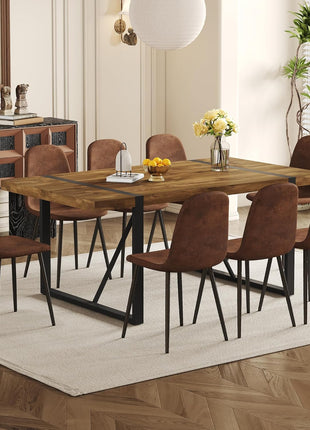 Sophisticated Dining Table Set for Eight with Dark Wood Finish and Upholstered Suede Chairs
