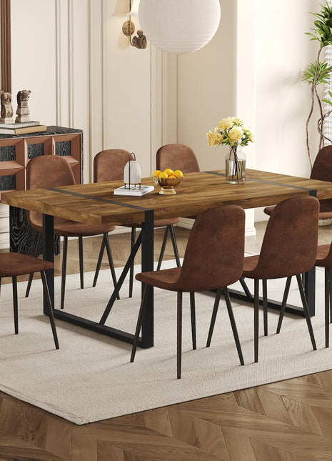 Sophisticated Dining Table Set for Eight with Dark Wood Finish and Upholstered Suede Chairs