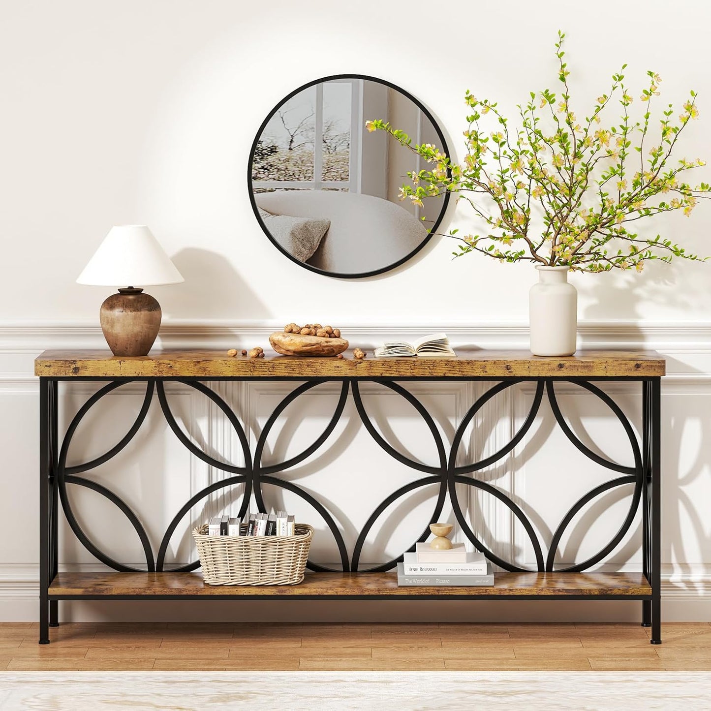 70.9 Inch Extra Long Console Table, Industrial Sofa Table behind Couch with 2 Tier Storage Shelf, Narrow Long Entryway Table for Living Room, Foyer, Hallway, Office, Rustic Brown